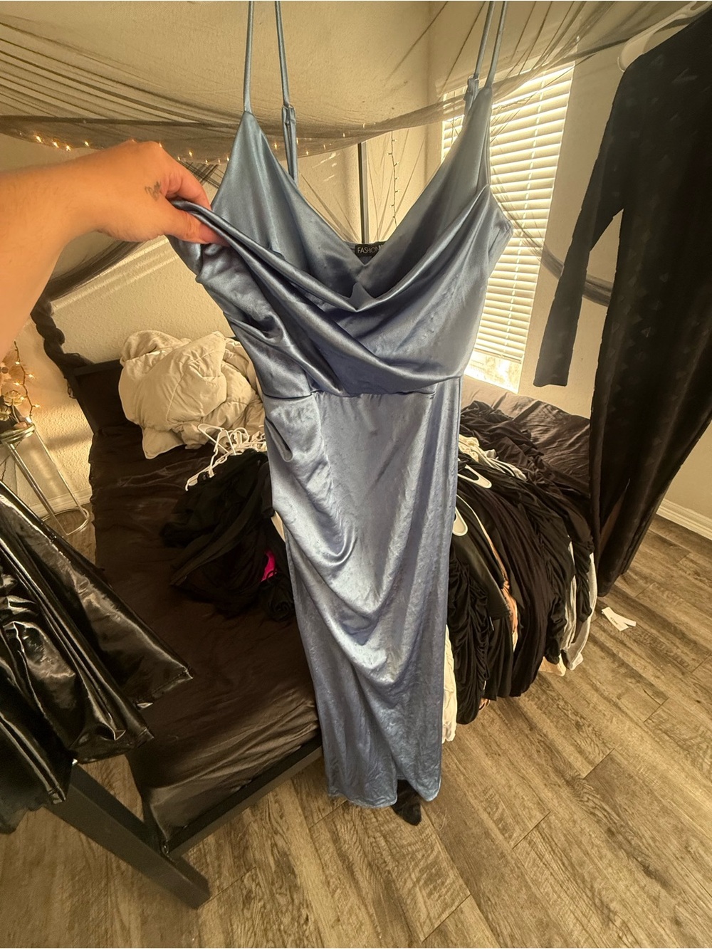 Fashion Nova Satin Cowl Midi Dress - Steel Blue